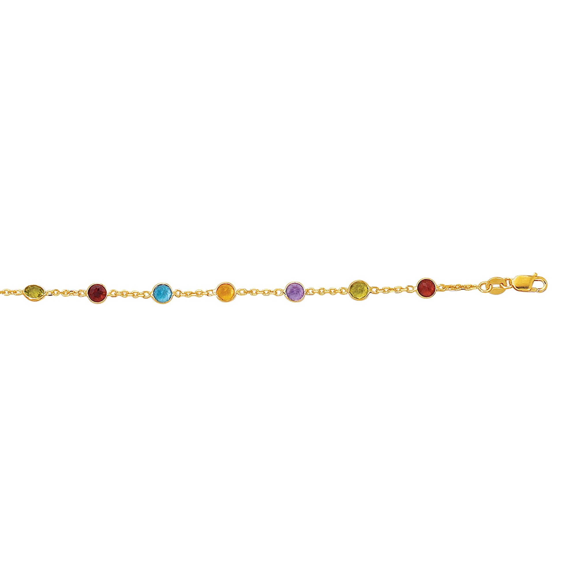 14 Karat Yellow Gold Multicolor Gemstone Bezel Set 7 Station Ankle Bracelet