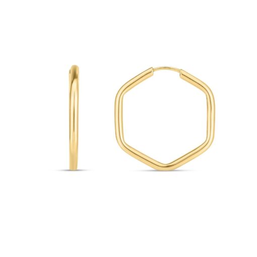 14 Karat Yellow Gold Geometric Hexagon Shape Endless Hoop Earrings